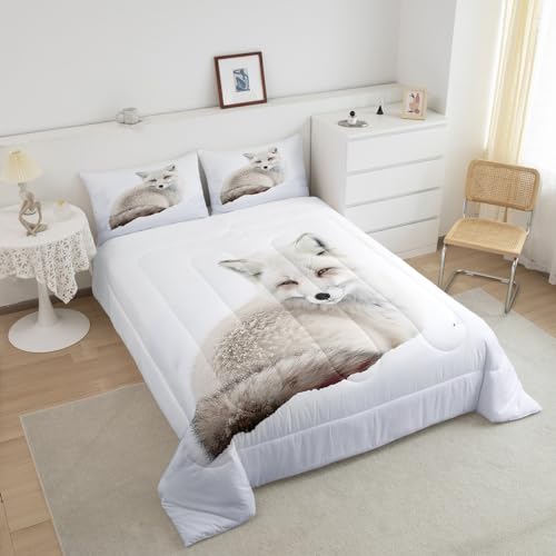 Image of Feelyou Fox Comforter Set Arctic Fox Bedding Set for Kids Boys Girls Cute Animal Comforter Wildlife Quilt Set 1 Comforter Set with 2 Pillowcases Full Size