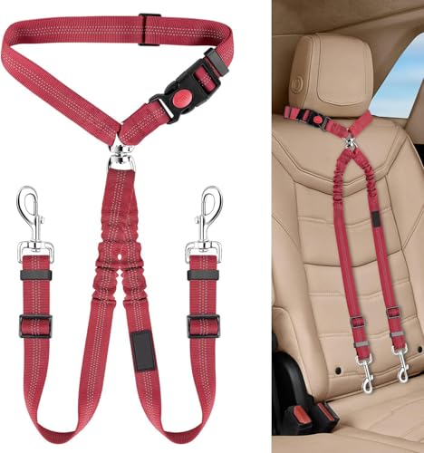 KOOK UDU Dog Seat Belt for Car, Dual Pet Vehicle Headrest Restraint Safety Seatbelt,Two Dog Leash No Tangle Dog Car Leash Seat Belt,Duty Adjust Elastic Connect Harness in Vehicle Travel (Red)
