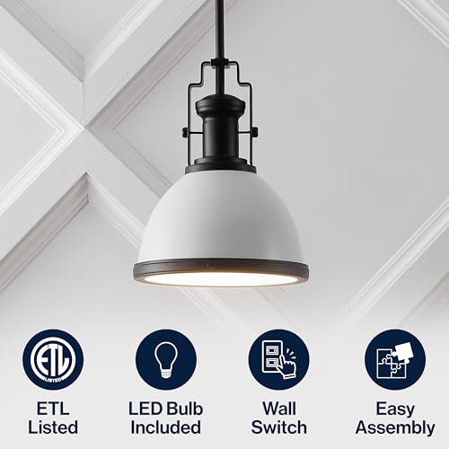 Image of JONATHAN Y Homer Industrial Dome Pendant 10 inch, White /Matte Black | 1-Light, Farmhouse Style, Adjustable Hanging Height, Glass Diffuser, Sloped Ceiling Compatible, Metal, LED Bulb Included