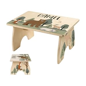Woodland Step Stool for Toddlers Personalized Wood Kids Step Stool with Name for Kitchen Sink Bathroom Potty Training Toilet Kitchen Sink Sturdy and Safe Made in USA by BloomOwl Woodland Bear