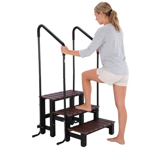 Image of 3-Step Hot Tub Steps with Handrail, 550lbs Load Capacity Heavy Duty Aluminum Frame Spa Stairs, Mobile Outdoor RV Steps, Removable Railing Safety Ladder for Camper, Above Ground Pools, Porch