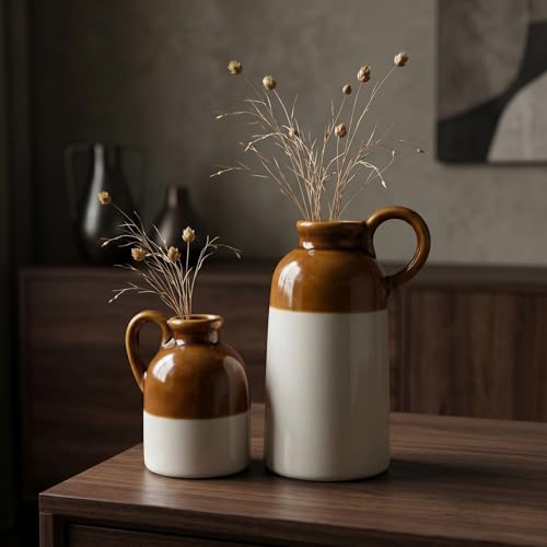 Image of PUREZENTO Ceramic 'Vintage Jar Vase' - Set of 2 (3.0 & 5.5 Inches) | Rustic Flower Vase for Pampas Grass, Dried Flowers & Table Decoration | Decorative Vase Set for Home Decor, Office, Living Room