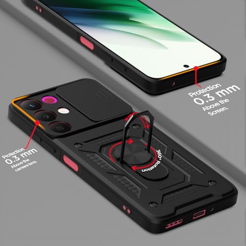 Image of Pikkme Back Cover for Realme Narzo 90X 5G / Realme C85 5G / Realme 15X 5G | 360 Protection Case | Sliding Camera Shield Cover & Ring Holder Stand D10 Tough Armor Bumper Case (Black)