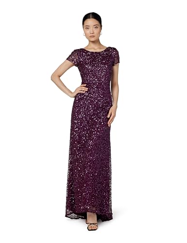 Adrianna Papell Women's Short-Sleeve All Over Sequin Gown, Cabernet, 18