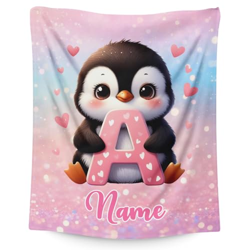 Blanket for Girls, Personalized Penguin Gifts for Kids, Custom with Name Initial Letter Throws for...