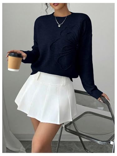Image of RoseSeek Women's 3D Floral Appliques Crewneck Sweaters Long Sleeve Drop Shoulder Pullovers Elegant Knit Tops