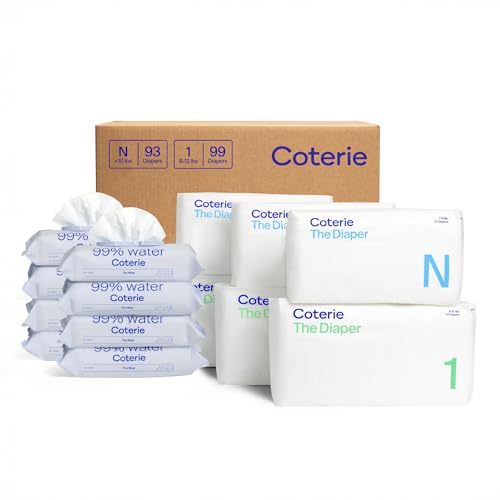 Image of Coterie Baby Wipes + Diapers Kit, Size 1 (99 Count) & Size Newborn Diapers (93 Count), 8 Pack (448) Baby Wipes with 99% Water, Plant Based Materials, Hypoallergenic for Sensitive Skin