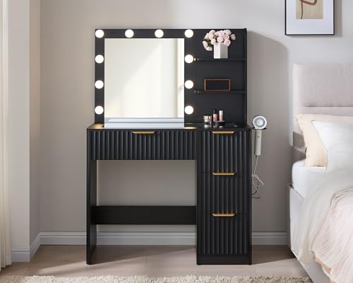 Image of AMERLIFE 36.2 inch Fluted Vanity Desk with Mirror and Adjustable LED Lights, Large 4 Drawers Makeup Table with Glass Top and Charging Station for Women and Girls, Bedroom or Dorm, Black