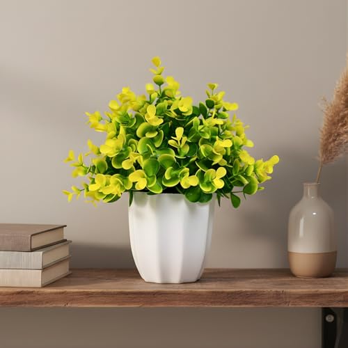 Image of fancymart Artificial Plant Eucalyptus Yellow Bunch in Pot - 22 cm Height, Perfect for Tabletop Decoration | Ideal for Home & Office Decor