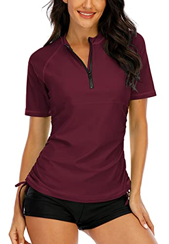 Halcurt Womens Rash Guard Short Sleeve Swimsuit Diving Shirt Swim Top Burgundy Xl #TOP4