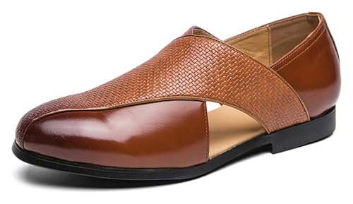 Men's Summer Business Genuine Leather Hollow Loafers Fashionable Retro Round Toe Slip-On Flat Breathable Comfortable Formal Leather Shoes for Men