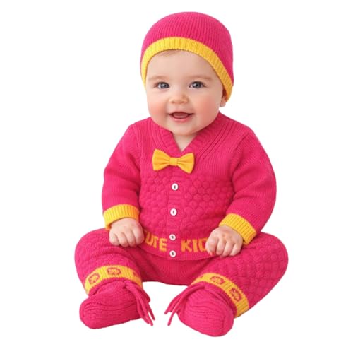 Image of Baby Unisex New Born Baby Boys Girls Soft Comfortable Trendy Woolen Round Neck Stripe Sweater Set with Payjami, Cap and Pair of Booties for Toddlers