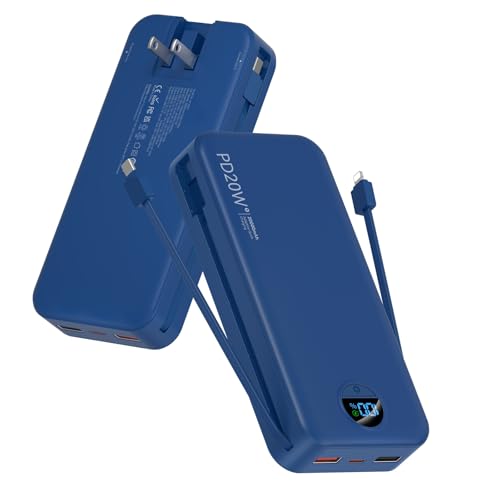 citicr Portable Charger Power Bank, 20000mAh PD20W USB C Fast Charging with Built-in Cables & Wall Plug, External Battery Pack with LED Display, Travel Essential for iPhone, iPad, Samsung Navy
