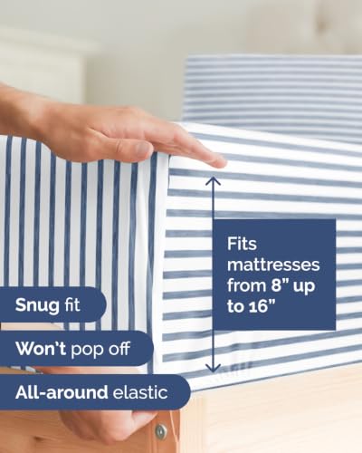 Image of Flex Top Split Head King 6 Piece Piece Sheet Set - Comfy Breathable & Cooling - Soft Hotel Luxury Bedding Set with 8-16 Inch Deep Pockets - 1 Flat & 1 Fitted Sheet & Pillowcases - Blue Stripes 2