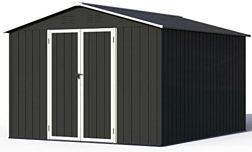 8×10 FT Outdoor Storage Shed, Metal Steel Utility Tool Shed Storage House with Double Lockable Doors & Air Vent for Backyard Garden Patio Lawn (Black)