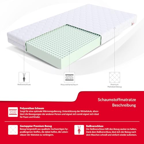 FDM Matratze 80x160 cm Härtegrad H3 Höhe 12 cm Kindermatratze Doppelseitige Schaumstoffmatratze Polyurethanschaum Hypoallergenem Waschbarem Premium-Bezug Oeko-Tex PICCHI