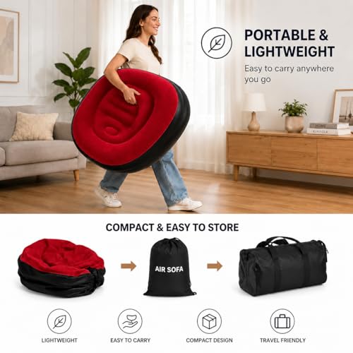Image of Inflatable Air Sofa Chair with Ottoman & Automatic Electric Pump, Portable Flocked Blow Up Lounge Chair for Living Room, Bedroom, Camping & Outdoor Use (Red)