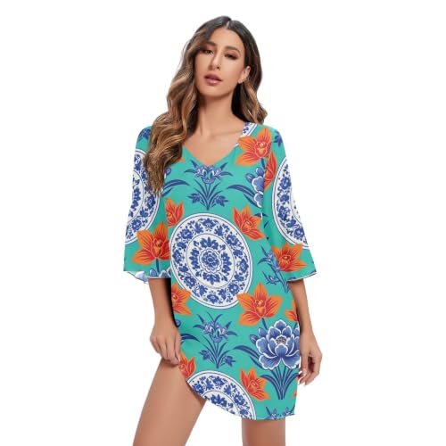 Robe trapèze fluide col en v en soie fleurie chic
