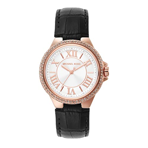 Image of Michael Kors Leather Camille Analog White Dial Women Watch-Mk2962, Black Band