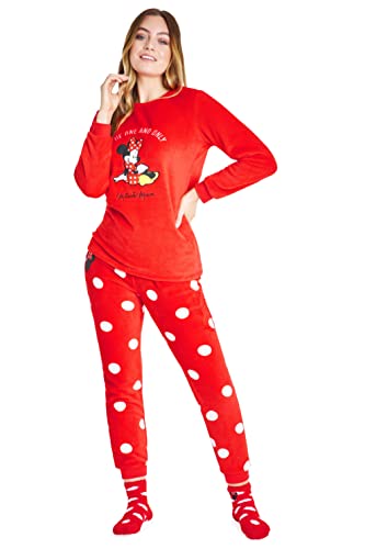 Disney Schlafanzug Damen mit Kuschelsocken Set Charaktere Stitch Geschenke Set (Rot Minnie, M)