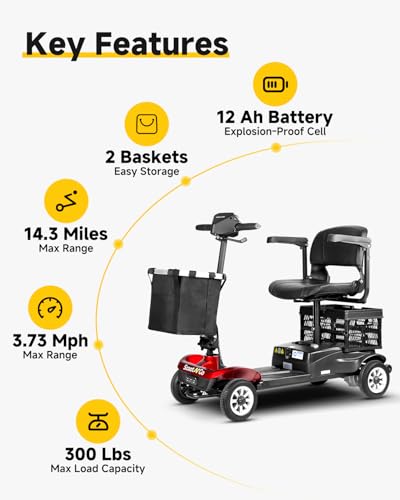 Image of 4 Wheel Mobility Scooter for Seniors & Adults with Dual Baskets, 12AH Long-Range Battery, 300LBS+ Weight Capacity, Comfortable Seat for Daily Use with 2-in-1 Phone & Cup Holder (Black-Red)
