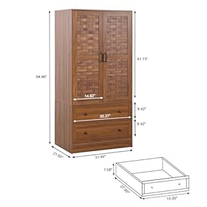 LEVNARY Armoire Wardrobe Closet with 2 Woven Doors Wardrobe Cabinet with Storage Drawers and Hanging Rail Freestanding Closets for Bedroom Walnut