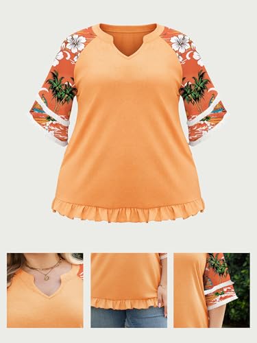 HDLTE Womens Plus Size V Neck T Shirts Summer Half Sleeve Casual Loose Tees Color Block Fashion Tunic Tops with Tassel Orange — view 5