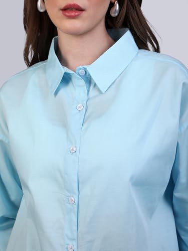 Image of Urbano Fashion Women's Cotton Full Sleeve Oversized Fit Casual Solid Slub Shirt with Spread Collar