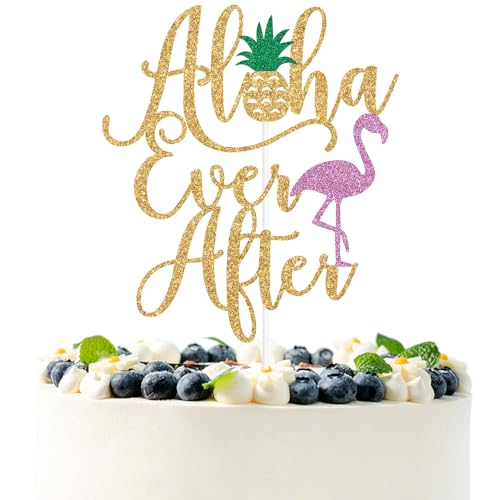 Gold Glitter Aloha Ever After Cake Topper, Mr & Mrs/Till Death/Bride to Be, Hawaiian Summer Tropical Luau Wedding Anniversary Engagement Party Decorations Supplies