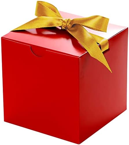 UnicoPak 50 PCs 4x4x4 Gift Box, Red Gift Boxes with Gold Ribbons, Small Gift Boxes for Favors, Ornaments, Candles, Mugs, Treats, Crafting, for Birthday, Party, Celebration, Wedding, Christmas