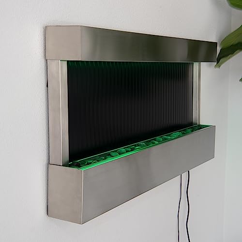 Image of 47 inch Indoor Wall-Mounted Waterfall Mirror Fountain with LED Lights & Smart Plug - Remote Control Water Feature, Modern Silver Decor with Rock Base by XBrand