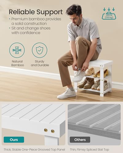 Image of SONGMICS Shoe Rack Bench, 3-Tier Bamboo Shoe Storage Organizer, Entryway Bench, Holds Up to 286 lb, 11.3 x 19.7 x 17.8 Inches, for Entryway Bathroom Bedroom, Cloud White ULBS001W01