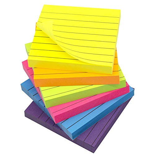 Lined Sticky Notes, 3x3 Inch, 6 Pads Self-Stick Notes, 6 Colors, 100 Sheets/Pad