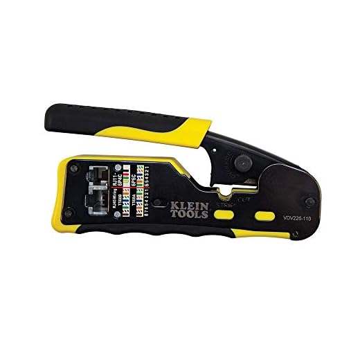 Klein Tools VDV226-110 Ratcheting Modular Data Cable Crimper / Wire Stripper / Wire Cutter for RJ11/RJ12 Standard, RJ45 Pass-Thru Connectors