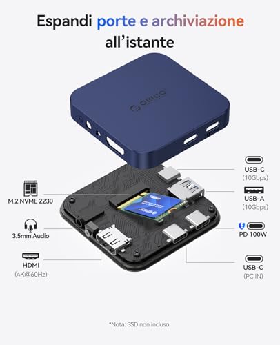 Docking Station USB-C Magnetica, Custodia SSD M.2 NVMe, Dockingstation 6 in 1 con HDMI 4K@60Hz, PD 100W, USB-A/USB-C 10 Gbps, Audio, Hub USB-C Dockingstation per iPhone/Pro Max/Dell Lenovo MG5 - Hub USB - Immagine 1