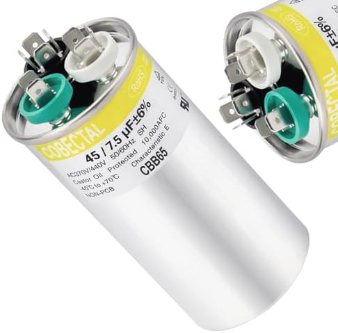 45/7.5 uF 45+7.5 MFD 370VAC/ 440 VAC Dual Run Start Round A/C Capacitor CBB65B for AC Unit Fan Motor Start or Heat Pump or Condenser Straight Cool,Air Conditioner,HVAC Capacitor byCobectal