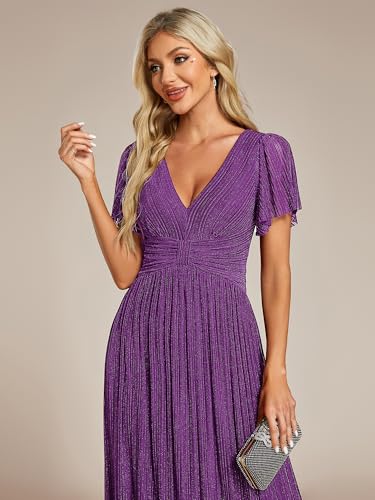Image of Ever-Pretty Women's V-Neck Glitter Formal Dresses Pleated Short Sleeves Floor Length A-Line Mother of Bride Dress 11961