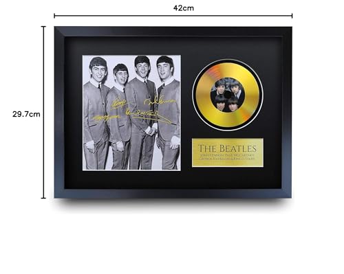 HWC Trading A3 FR Beatles John Lennon Paul McCartney George Harrison Ringo Starr Geschenke Autogramm Bild mit einem Gold-Disk-Image-Druck für Music Memorabilia Fans Signed - A3 Eingerahmt