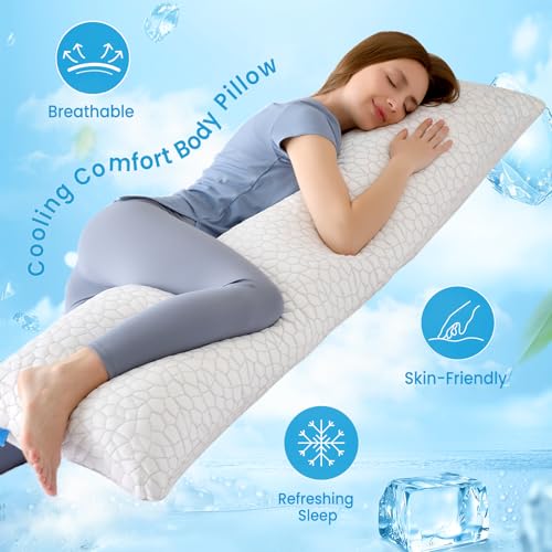 Image of QUTOOL Cooling Pillow for Sleeping, CertiPUR-US Shredded Memory Foam Full Body Pillow Set of 1, Long Pillow for Bed with Removable Double-Sided Soft & Cool Cover, Soft Yet Support,White