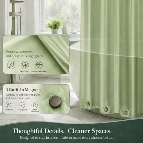 Image of EHZNZIE Sage Shower Curtain Liner 72x72, PEVA Waterproof Bath Curtain, No Chemical Smell, 3 Weighted Magnets, Durable with Rustproof Metal Grommets