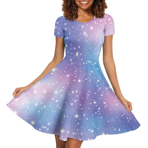 Image of HUGS IDEA Womens Puffy Swing Midi Dress Round Neck Short Sleeve Party A-Line Dresses