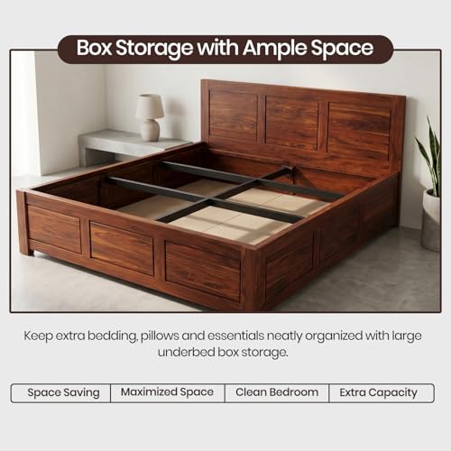 Image of WOODLAB Solid Sheesham Wood King Size Bed with Box Storage | Wooden Double Bed Cot for Bedroom | Heavy Duty Palang Bed Furniture | Modern Honey Finish