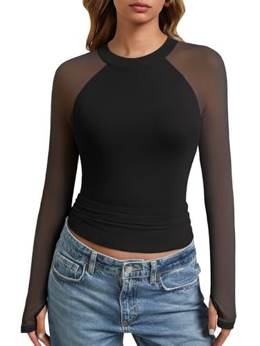 GKBK Womens Lace Mesh Sheer Shirts Concert Going Out Tops Black L