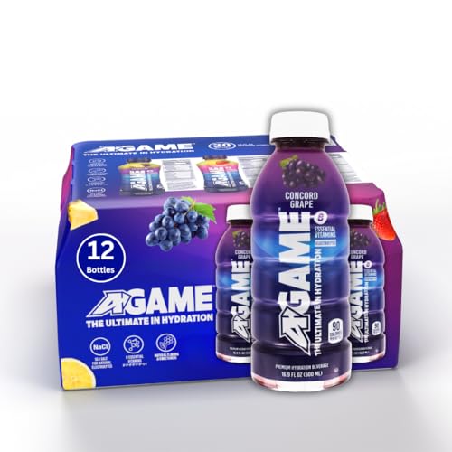 A-GAME Sports Drink, Concord Grape, The Ultimate Hydration Sports Beverage for Athletes, 8 Essential Vitamins including B, C, & E plus Natural Sea Salt Electrolytes, All Natural Flavors & Sweeteners, Gluten Free, 16 Fl Oz (Pack of 12)