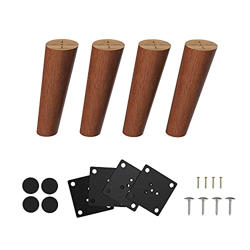 Orgerphy 6 Inch Solid Wood Furniture Legs 4pcs | Round Tapered Oblique Replacement Legs for Furniture| Mid Century Modern Wooden Legs Desk Legs Furniture Legs for DIYers | Screws & Pads ( Wine- Red)