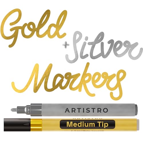 ARTISTRO 2 Acrylic Paint Pens for Rock Painting Ceramic Wood Glass Tire Plastic, Fabric Marker Paint Markers Ideal for Labeling DIY Crafts Art Projects, 3mm Medium Tip, Gold & Silver
