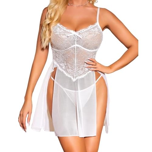 RSLOVE Women Sexy Babydoll Lingerie Lace Nightgowns Nighty Mesh Sleepwear Wedding Lingerie For Bride X-Large White