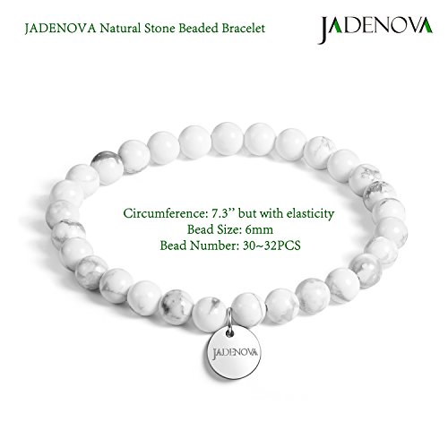 Jadenova 6/8Mm Natural White Howlite Gemstone Bracelets Round Beads Stretch Bracelet Adjustable Beaded Bracelet Couple Distance Bracelets Unisex (2Pcs Bracelet Set) #TOP3