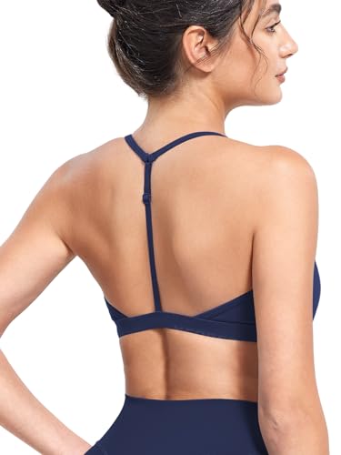 Image of YEOREO CoreFlex Sports Bras for Women Strappy Padded Halter Open Back Light Impact Deep V Neck Yoga Workout Gym Tops