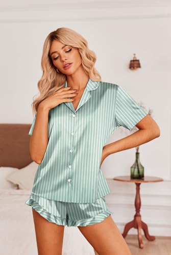 Ekouaer Womens Pajama Shorts Set Silk Satin Soft Button Down Short Sleeve Pjs Lounge Set Nightwear Summer Green Striped XX-Large - Image 2